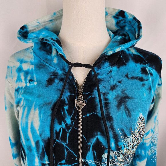 Sledge Vintage Hoodie Medium Zip Tie-Dye Rhinestone Blue Y2K Grunge Long Pockets - Picture 4 of 11